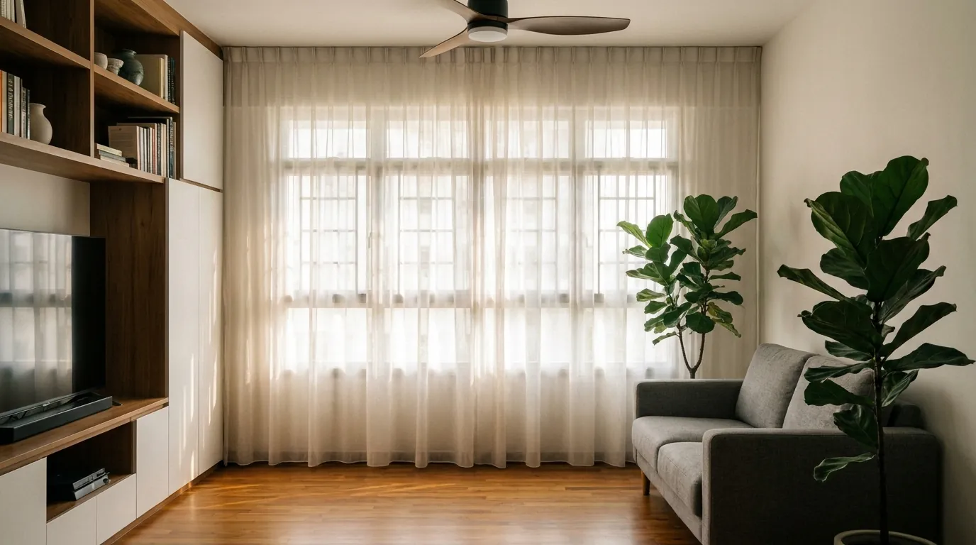 Singapore HDB living room with sheer curtains diffusing afternoon light