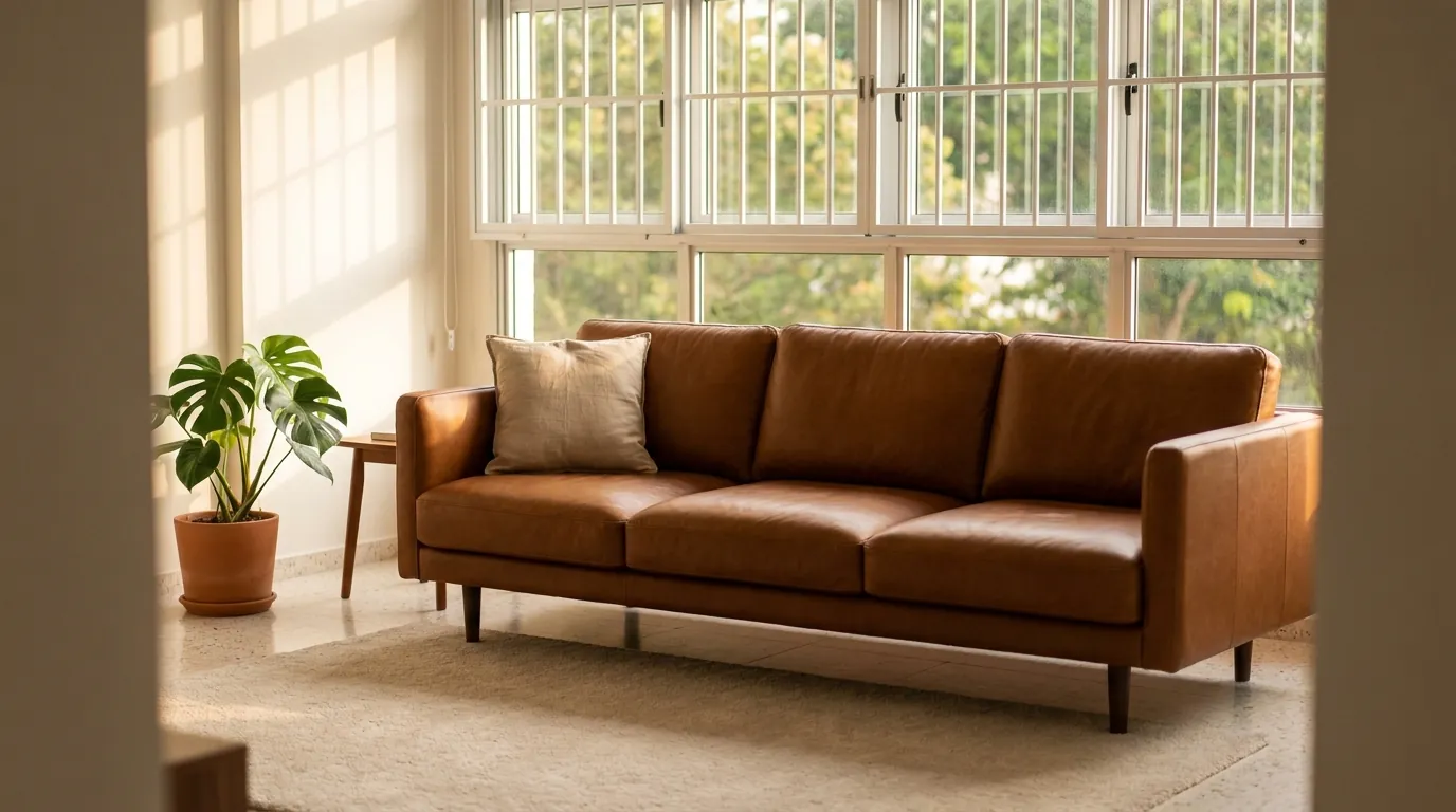 Cognac brown leather sofa in a bright Singapore HDB living room