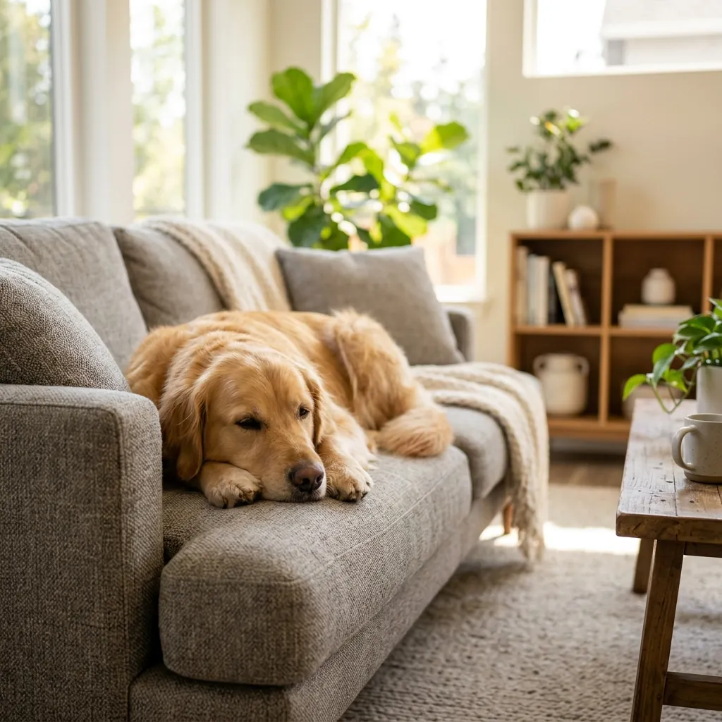 Golden retriever lounging on a clean beige sofa in a Singapore HDB living room