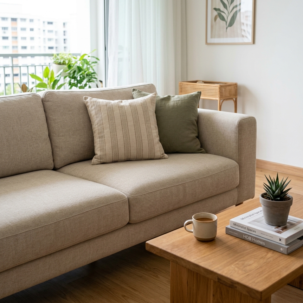 Beige fabric sofa in a clean Singapore living room