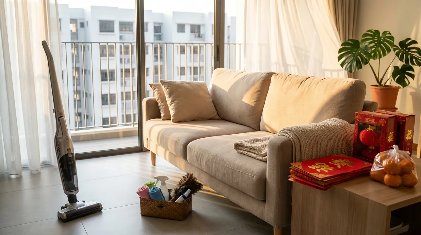 Singapore HDB living room mid-spring-cleaning with red CNY decorations stacked but not yet put up