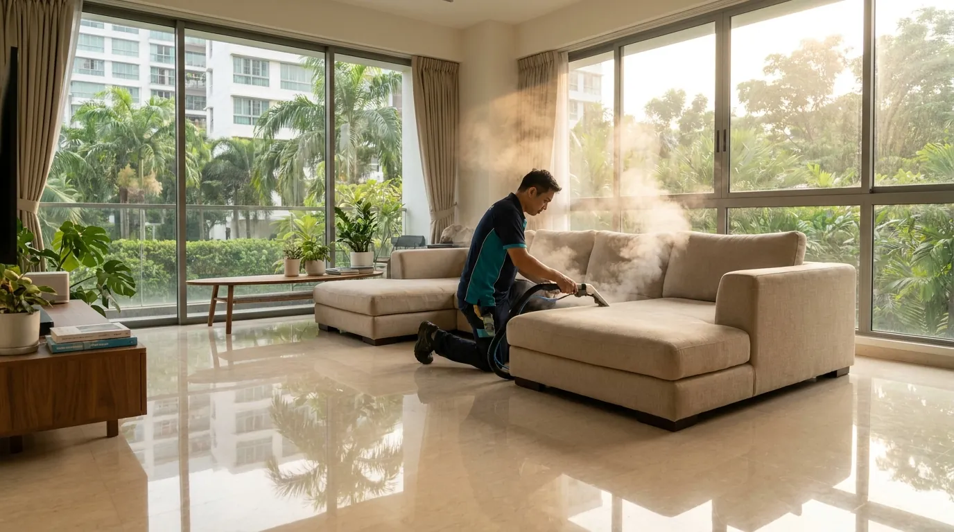 Professional cleaner using a hot water extraction wand on a fabric sofa in a Singapore HDB living room